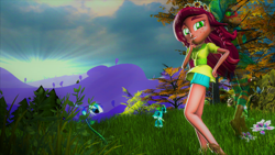 Size: 3840x2160 | Tagged: safe, artist:dj-chopin, gloriosa daisy, equestria girls, legend of everfree, 3d, clothes, cute, female, flower, freckles, grass, grin, looking at you, scenery, smiling, solo, source filmmaker, tree