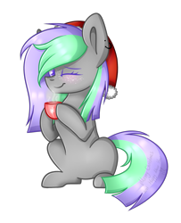 Size: 1169x1440 | Tagged: safe, artist:despotshy, oc, oc only, oc:grape grass, earth pony, pony, colored pupils, cup, female, hat, mare, santa hat, simple background, solo, transparent background