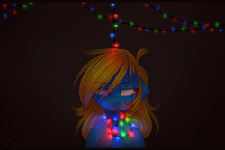 Size: 1024x683 | Tagged: safe, artist:starlyflygallery, oc, oc only, oc:starlyfly, earth pony, pony, christmas lights, crying, dark, female, mare, solo