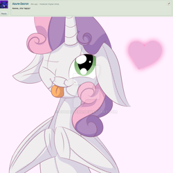Size: 1024x1024 | Tagged: safe, artist:elskafox, sweetie belle, floppy ears, heart, stitches, tongue out, watermark