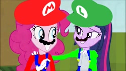 Size: 1280x720 | Tagged: safe, artist:mariopiequevedod, edit, edited screencap, screencap, pinkie pie, twilight sparkle, equestria girls, 1000 hours in ms paint, cap, clothes, cosplay, costume, crossover, hat, luigi, luigi's hat, luitwi, mario, mario pie, mario's hat, ms paint, super mario bros.