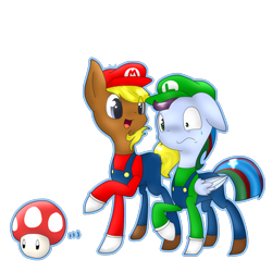 Size: 1500x1500 | Tagged: safe, artist:jisuppe, oc, oc only, oc:pizza frenzy, oc:thunder clash, earth pony, pegasus, pony, 1-up mushroom, clothes, cosplay, costume, luigi, male, mario, offspring, parent:cheese sandwich, parent:pinkie pie, parent:rainbow dash, parent:soarin', parents:cheesepie, parents:soarindash, simple background, stallion, super mario bros., transparent background