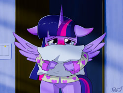 Size: 2000x1500 | Tagged: safe, artist:phoenixperegrine, twilight sparkle, twilight sparkle (alicorn), alicorn, pony, bipedal, blushing, clothes, cute, featureless crotch, female, floppy ears, hug, looking at you, mare, pajamas, pillow, pillow hug, solo, twiabetes