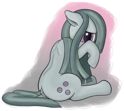 Size: 2383x2125 | Tagged: safe, artist:underwoodart, marble pie, earth pony, pony, back, blushing, croup, cute, dock, female, marblebetes, mare, shy, signature, simple background, sitting, solo, transparent background