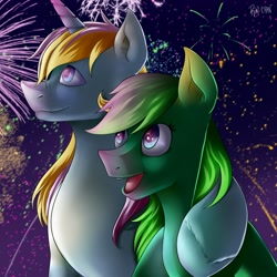 Size: 1280x1280 | Tagged: safe, artist:rinikka, oc, oc only, oc:blazing sun, oc:green bean, earth pony, pony, unicorn, commission, cute, fireworks, new year, night