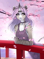 Size: 1280x1725 | Tagged: safe, oc, oc only, anthro, unicorn, anthro oc, bridge, eyelashes, glasses, solo, third eye