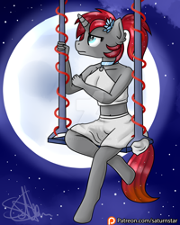 Size: 1024x1280 | Tagged: safe, artist:saturnstar14, oc, oc only, anthro, unguligrade anthro, unicorn, anthro oc, belly button, midriff, moon, patreon, patreon logo, patreon reward, sad, solo, swing, watermark