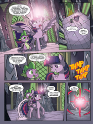 Size: 720x960 | Tagged: safe, artist:tonyfleecs, idw, spike, twilight sparkle, twilight sparkle (alicorn), alicorn, dragon, pony, from the shadows, spoiler:comic, spoiler:comic51, book, book sense, comic, duo, female, male, mare, official comic, preview, raised hoof, speech bubble, teleportation, that pony sure does love books, twilight sense, twilight's castle