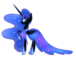 Size: 1313x982 | Tagged: safe, artist:princessfaeron, edit, editor:moonatik, nightmare moon, alicorn, pony, clothes, dress, nicemare moon, raised hoof, simple background, smiling, solo, transparent background