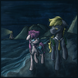 Size: 1500x1500 | Tagged: safe, artist:amura-of-jupiter, oc, oc only, bag, beach, duo, lighthouse, necktie, night