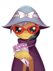 Size: 668x900 | Tagged: safe, artist:nika191319, a.k. yearling, daring do, pony, bouquet, cute, female, hat, looking at you, mare, simple background, smiling, solo, sunglasses, transparent background