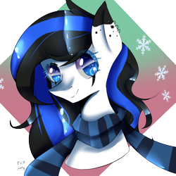 Size: 1400x1400 | Tagged: safe, artist:cheetospony, oc, oc only, pony, abstract background, bust, clothes, ear piercing, female, mare, piercing, portrait, scarf, solo