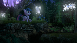 Size: 4000x2250 | Tagged: safe, artist:redaceofspades, twilight sparkle, twilight sparkle (alicorn), alicorn, pony, 3d, exploring, glow, grass, nature, plant, poster, scenery, solo, source filmmaker, tree