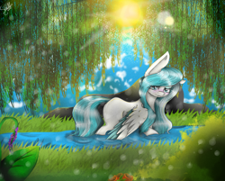 Size: 1976x1590 | Tagged: safe, artist:smallspark, oc, oc only, oc:colos catherine, pegasus, pony, female, mare, river, solo, spread wings, sun