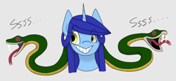 Size: 1024x475 | Tagged: safe, artist:rosequartz1, oc, oc only, oc:effigy, pony, snake, unicorn, grin, offspring, parent:discord, parent:trixie, parents:trixcord, simple background, smiling