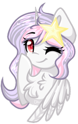 Size: 518x818 | Tagged: safe, artist:sketchyhowl, oc, oc only, oc:twinkle toes, alicorn, pony, bust, female, mare, one eye closed, portrait, simple background, solo, transparent background, wink