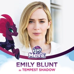 Size: 1200x1200 | Tagged: safe, fizzlepop berrytwist, tempest shadow, human, pony, unicorn, my little pony: the movie, armor, broken horn, character reveal, edgy, emily blunt, eye scar, female, irl, irl human, it begins, looking at you, mare, mlp movie cast icons, official, photo, pretty pretty tempest, raised hoof, raised leg, scar, solo, voice actor, with their characters