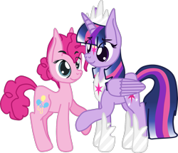 Size: 1449x1249 | Tagged: safe, artist:casanova-mew, derpibooru import, pinkie pie, twilight sparkle, twilight sparkle (alicorn), alicorn, earth pony, pony, crown, jewelry, older, regalia, simple background, transparent background