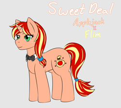 Size: 1800x1600 | Tagged: safe, artist:jolliapplegirl, oc, oc only, oc:sweet deal, pony, unicorn, bio, female, mare, next generation, offspring, parent:applejack, parent:flim, parents:flimjack, solo