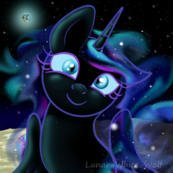 Size: 1000x1000 | Tagged: safe, artist:lunar-white-wolf, nightmare moon, alicorn, pony, cute, derp, earth, female, looking at you, mare, moon, moonabetes, nicemare moon, planet, smiling, solo, space, stars