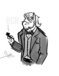 Size: 788x1024 | Tagged: safe, artist:bgn, braeburn, anthro, bowtie, clothes, dapper, explicit source, glasses, male, older, pipe, smoking, solo, suit