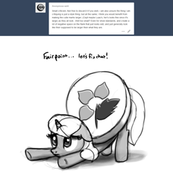 Size: 1097x1116 | Tagged: safe, artist:nimaru, oc, oc only, oc:rose petal, pony, unicorn, ask, cutie mark, female, grayscale, mare, monochrome, solo, tumblr