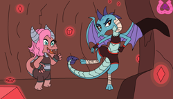 Size: 1024x587 | Tagged: safe, artist:author92, idw, dragon lord ember, mina, princess ember, dragon, cave, clothes, dragoness, female, fingerless gloves, gem, gloves, kicking, martial arts, mma, shorts, sports bra