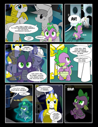 Size: 1275x1650 | Tagged: safe, artist:dsana, spike, oc, dragon, pony, unicorn, comic:to look after, comic, crying, female, frown, glare, magic, mare, nurse, royal guard, sitting, underhoof