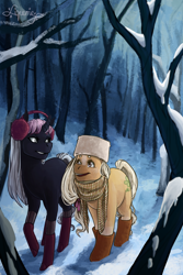 Size: 1000x1500 | Tagged: safe, artist:liquorie, oc, oc only, earth pony, pony, unicorn, accessories, boots, clothes, cute, digital art, earmuffs, female, forest, hat, mare, scarf, smiling, snow, walking, winter