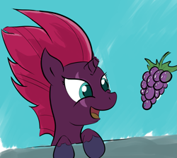 Size: 1211x1085 | Tagged: safe, artist:rusticanon, fizzlepop berrytwist, tempest shadow, pony, unicorn, my little pony: the movie, broken horn, colored pupils, cute, eye scar, eyes on the prize, female, food, grapes, happy, leaning, looking at something, mare, open mouth, scar, smiling, solo, tempestbetes, that pony sure does love grapes, that was fast, when she smiles