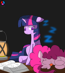 Size: 1280x1434 | Tagged: safe, artist:genericmlp, derpibooru import, pinkie pie, twilight sparkle, earth pony, pony, book, lamp, sitting, sleeping, tongue out, twilight is not amused, unamused, zzz