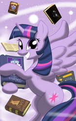 Size: 1200x1920 | Tagged: safe, artist:theroyalprincesses, twilight sparkle, twilight sparkle (alicorn), alicorn, pony, book, bookhorse, grin, looking at you, smiling, solo, that pony sure does love books