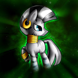 Size: 894x894 | Tagged: safe, artist:conniethecasanova, artist:flamevulture17, color edit, edit, zecora, zebra, colored, raised hoof, solo