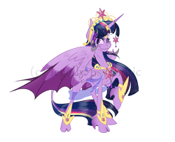 Size: 2229x1819 | Tagged: safe, artist:legally-psychotic, twilight sparkle, twilight sparkle (alicorn), alicorn, bat pony, bat pony alicorn, classical unicorn, pony, bat wings, big crown thingy, cloven hooves, element of magic, hybrid wings, jewelry, leonine tail, raised hoof, regalia, simple background, solo, transparent background, unshorn fetlocks, watermark