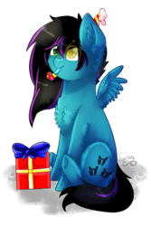 Size: 603x904 | Tagged: safe, artist:twinkepaint, oc, oc only, oc:despy, pegasus, pony, chest fluff, heterochromia, party horn, present, simple background, sitting, solo, transparent background
