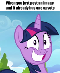 Size: 688x845 | Tagged: safe, twilight sparkle, twilight sparkle (alicorn), alicorn, pony, top bolt, faic, female, grin, image macro, mare, meme, nervous, smiling, solo, squee, upvote, upvote bait, wide eyes