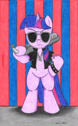 Size: 1728x2782 | Tagged: safe, artist:bio-iridescence, twilight sparkle, twilight sparkle (alicorn), alicorn, pony, badass, bipedal, clothes, dog tags, female, gun, jacket, looking at you, mare, shotgun, solo, spiked wristband, sunglasses, tattoo, traditional art, weapon, wristband