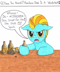 Size: 2461x2966 | Tagged: safe, artist:bio-iridescence, lightning dust, pegasus, pony, alcohol, angry, applejack daniel's, beer, dialogue, drunk, female, floppy ears, jealous, looking at you, mare, open mouth, simple background, solo, speech bubble, traditional art, vulgar