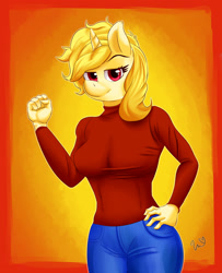 Size: 2480x3057 | Tagged: safe, artist:passigcamel, oc, oc only, oc:melina, anthro, unicorn, anthro oc, clothes, gradient background, hand on hip, jeans, pants, solo, sweater, tight clothing