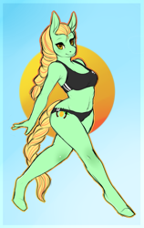 Size: 753x1193 | Tagged: safe, artist:beautifulserendipity, artist:box-cat, oc, oc only, oc:amber waves, anthro, earth pony, unguligrade anthro, belly button, bikini, braid, braided tail, clothes, female, hooves, midriff, solo, swimsuit