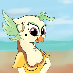 Size: 1500x1500 | Tagged: safe, artist:rusticanon, captain celaeno, anthro, my little pony: the movie, beak, breasts, busty captain celaeno, cleavage, ear piercing, earring, female, jewelry, ocean, piercing, solo, that was fast, zoe saldana