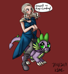 Size: 1800x1944 | Tagged: safe, artist:lamentedmusings, spike, dragon, bit, bridle, crossover, daenerys targaryen, game of thrones, harsher in hindsight, humans riding dragons, reins, signature, simple background, speech bubble, tack