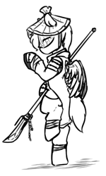 Size: 423x703 | Tagged: safe, artist:thebirdiebin, oc, oc only, pegasus, pony, semi-anthro, for honor, masked, monochrome, naginata, solo, spear, video game, weapon