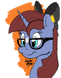 Size: 305x388 | Tagged: safe, artist:kundofox, oc, oc only, oc:raspberry breeze, pony, unicorn, bow, cute, female, glasses, mare, piercing, signature, simple background, solo