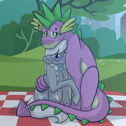 Size: 2048x2048 | Tagged: safe, artist:percy-mcmurphy, silver spoon, spike, dragon, adult, adult spike, female, male, older, older silver spoon, older spike, outdoors, picnic, pregnant, shipping, silverspike, straight