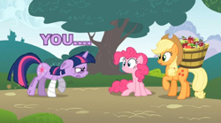 Size: 720x400 | Tagged: safe, derpibooru import, edit, edited screencap, screencap, applejack, pinkie pie, twilight sparkle, earth pony, pony, feeling pinkie keen, angry, image macro, injured, meme, purple text