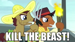 Size: 1280x720 | Tagged: safe, edit, edited screencap, screencap, beuford, mccree, appleoosa's most wanted, background pony, beauty and the beast, hat, hoof hold, image macro, meme, pitchfork, torch