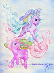 Size: 800x1073 | Tagged: safe, artist:z1ar0, high flyer, g1, duo, flurry (g1), flying, summer wing ponies, traditional art, watercolor painting, windy wing ponies