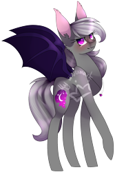 Size: 1210x1808 | Tagged: safe, artist:alithecat1989, oc, oc only, oc:amethyst sky, bat pony, pony, colored pupils, fangs, female, looking at you, mare, requested art, simple background, solo, spread wings, transparent background, watermark, wings