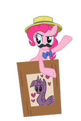 Size: 1000x1500 | Tagged: safe, artist:alexa0118, derpibooru import, pinkie pie, twilight sparkle, twilight sparkle (alicorn), alicorn, earth pony, pony, trade ya, fake moustache, female, hat, mare, simple background, solo, spread wings, transparent background, vector, wings